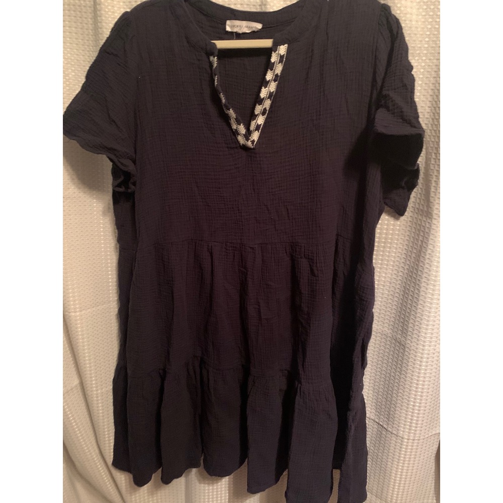 Lucky Brand Navy Blue Cotton Gauze Tiered Mini Dress 2X Embroidered Neckline